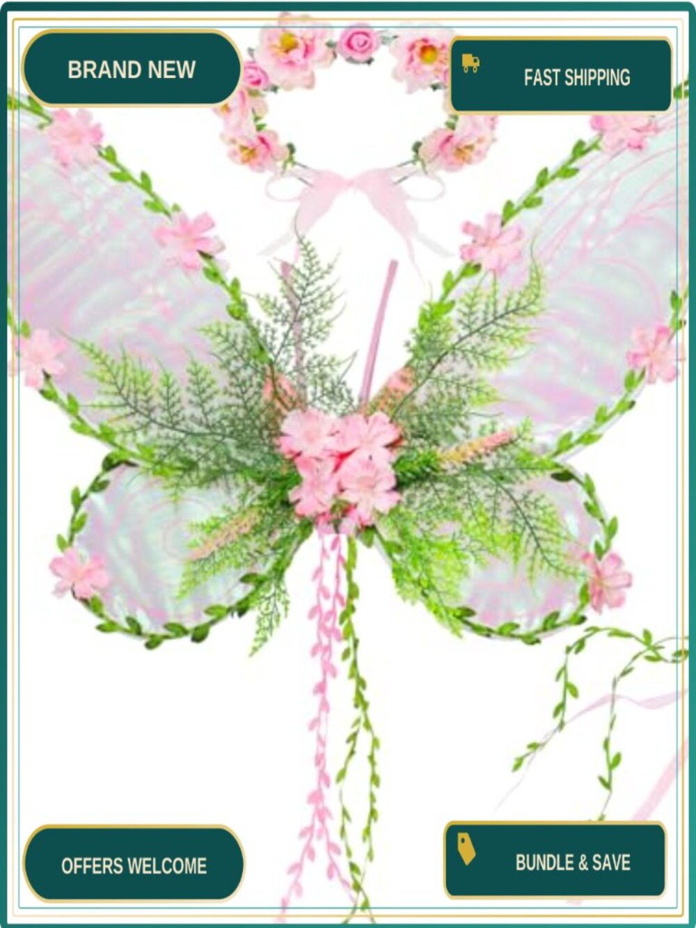 Fairy Costume Set Wings Flower Crown Wand Dress Up Accessories